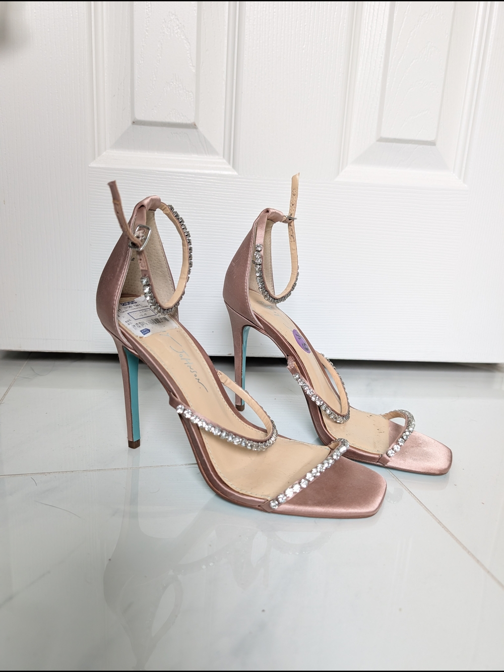 Betsey Johnson Satin Blush Pink Crystal Strap Stiletto Heels